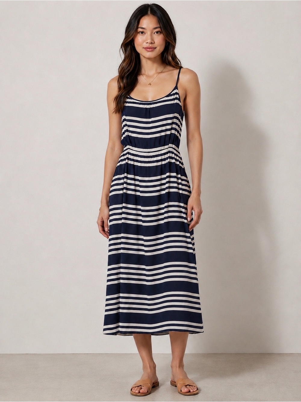 J.Crew Silk Navy Ivory Striped Midi Dress Spaghetti Strap Nautical